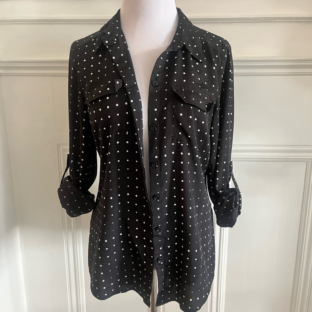 Ann Taylor Black and White Polka Dot Button Down Shirt